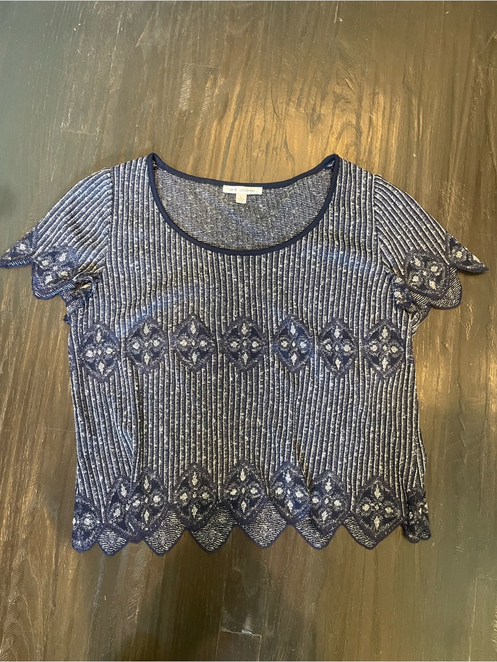 St John Blue Patterned Short Sleeve Knit Top
